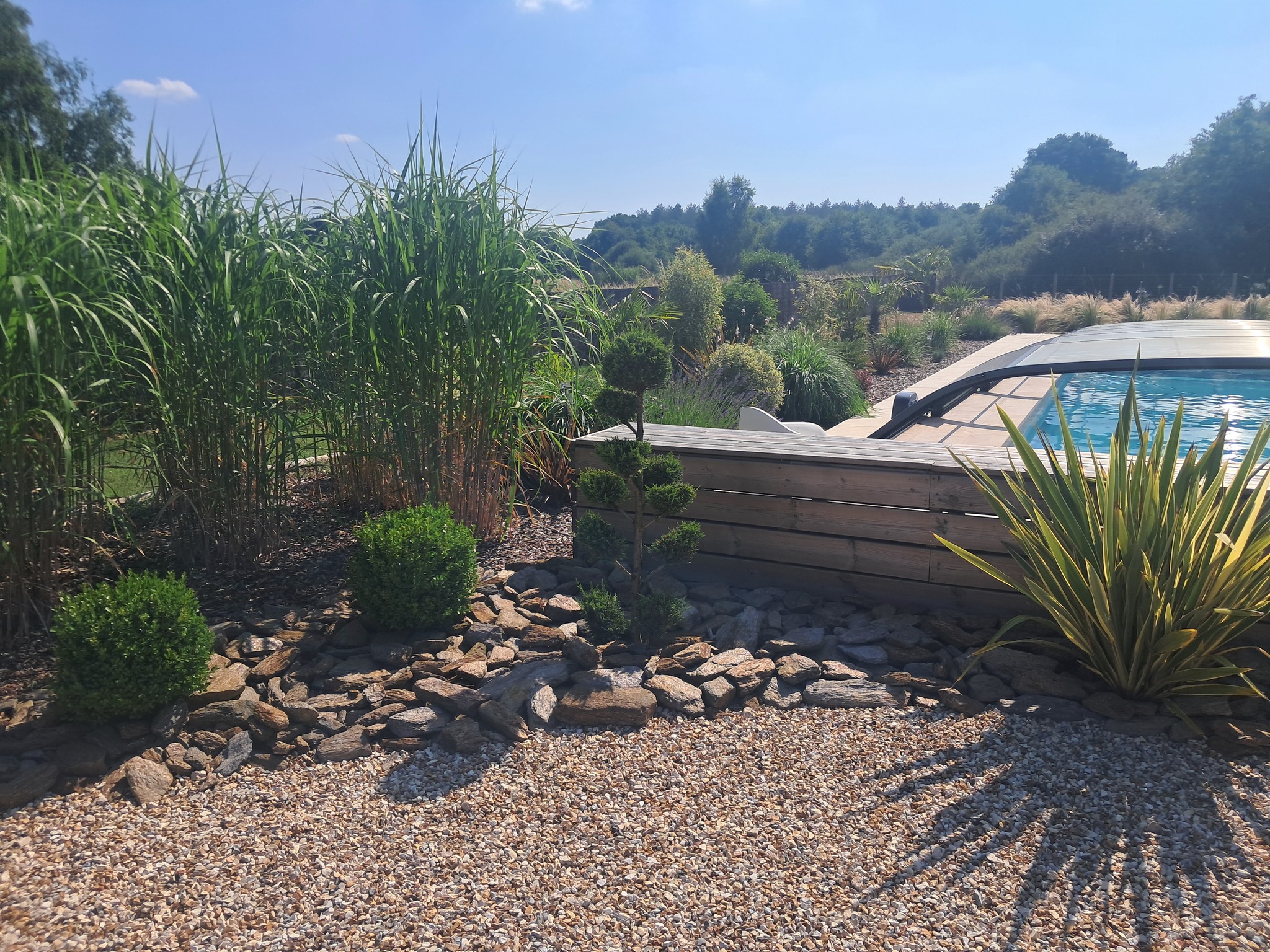 Jardin de rocaille avec aménagement en bois pour le bord d'une piscine couverte