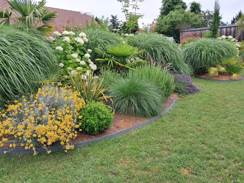 Massif de plantes variées avec fleurs jaunes et blanches et graminées vertes créé par architecte paysagiste