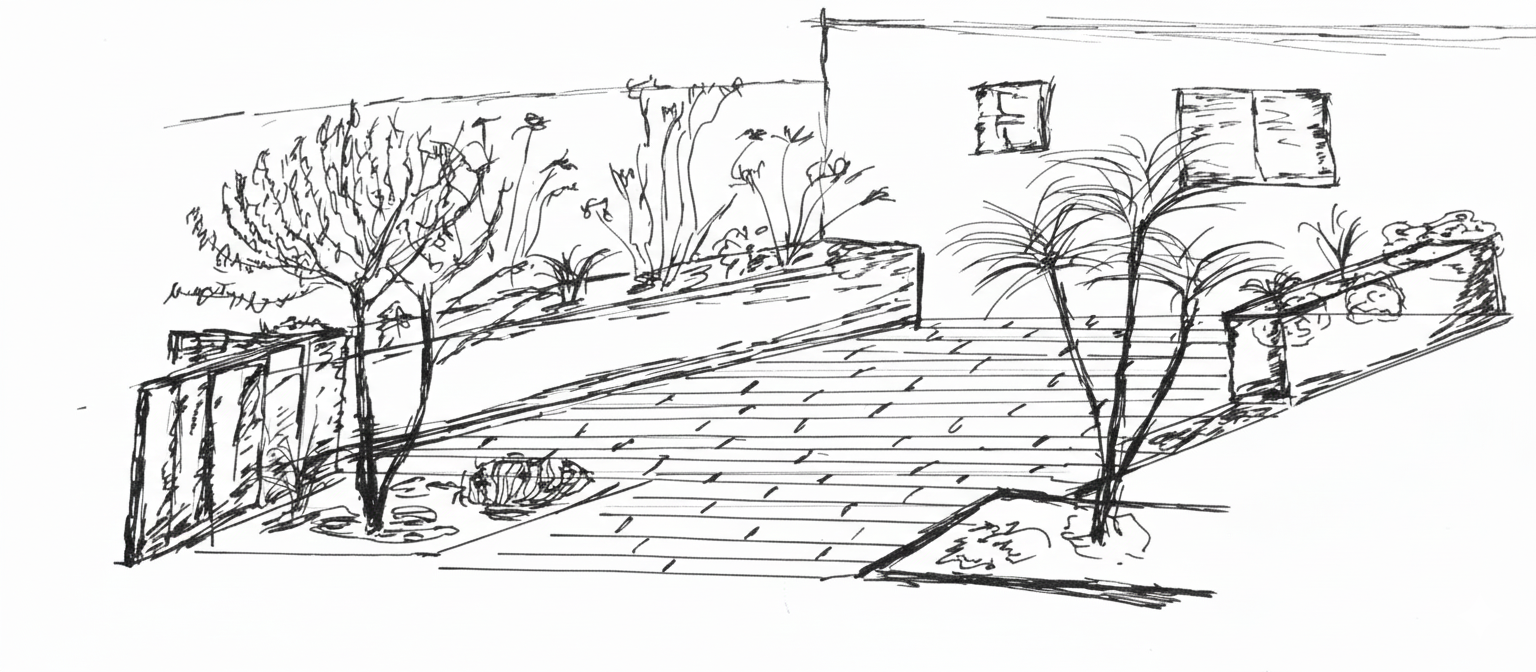 Croquis à la main d'un aménagement paysager devant une maison