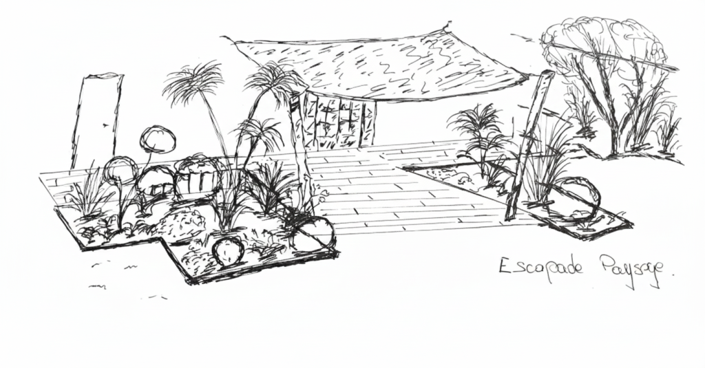 Croquis à la main d'un aménagement paysager