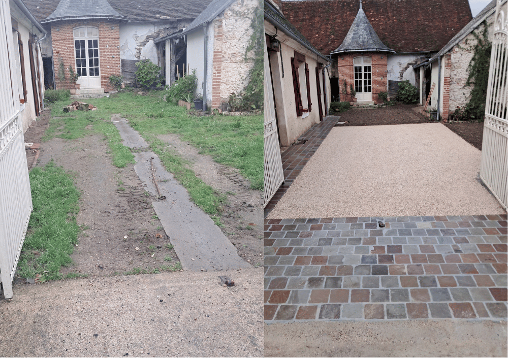 Comparaison de deux photos représentant la même cour, avant et après gravillonnage et dallage de l'entrée de la cour. Gravillons beiges clairs et pavés carrés de couleur grise ou brune.